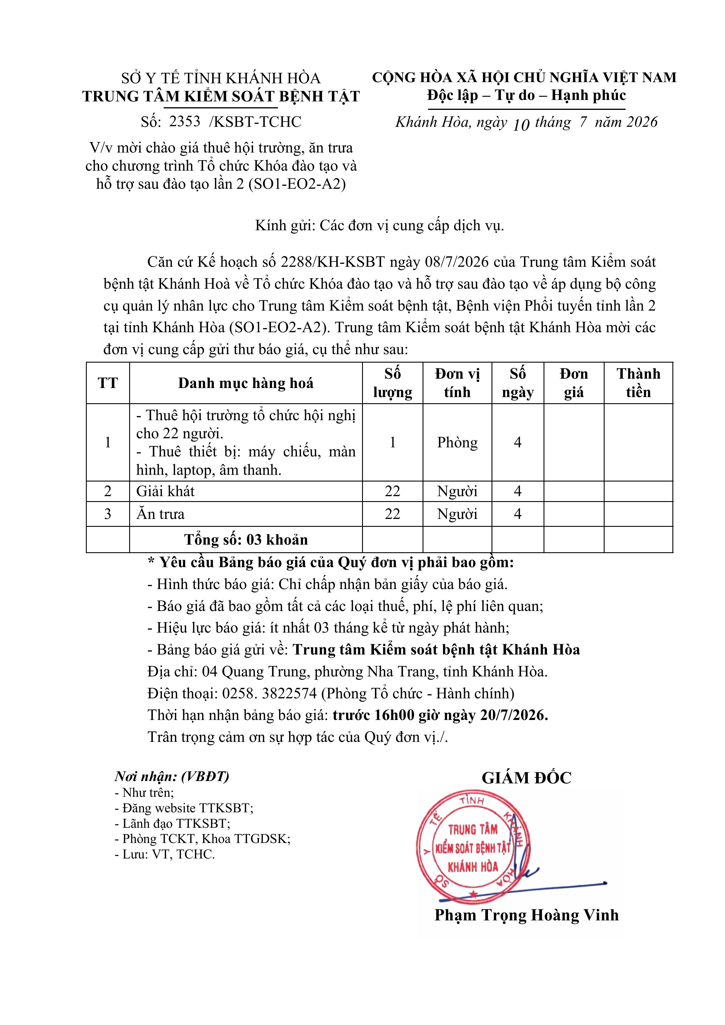 V/v mời chào giá thuê hội trường, ăn trưa cho chương trình Tổ chức Khóa đào tạo và hỗ trợ sau đào tạo lần 2